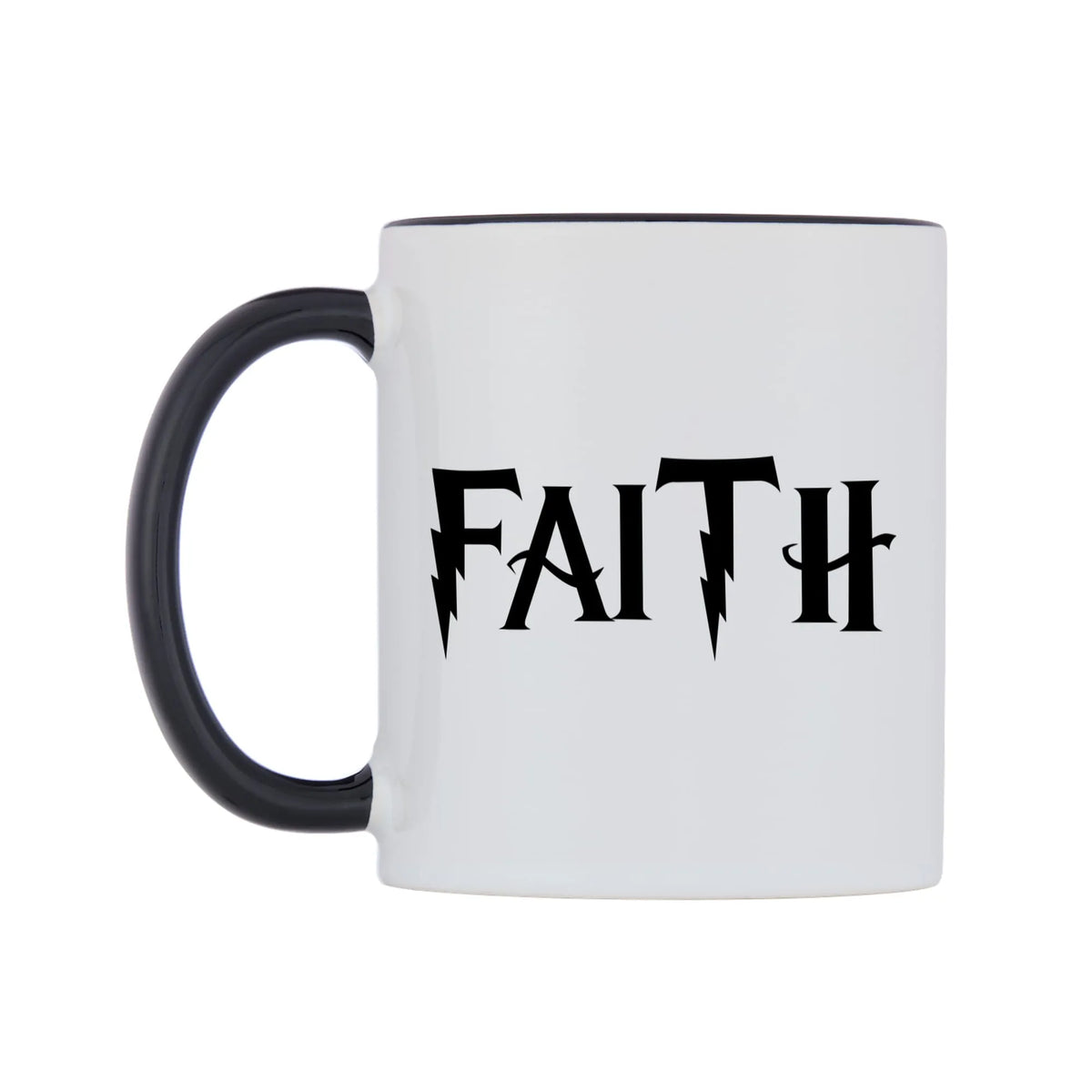 Faith - Wizard Themed Mug — white 11oz gloss mug with a black inside and handle, right side, on a white background