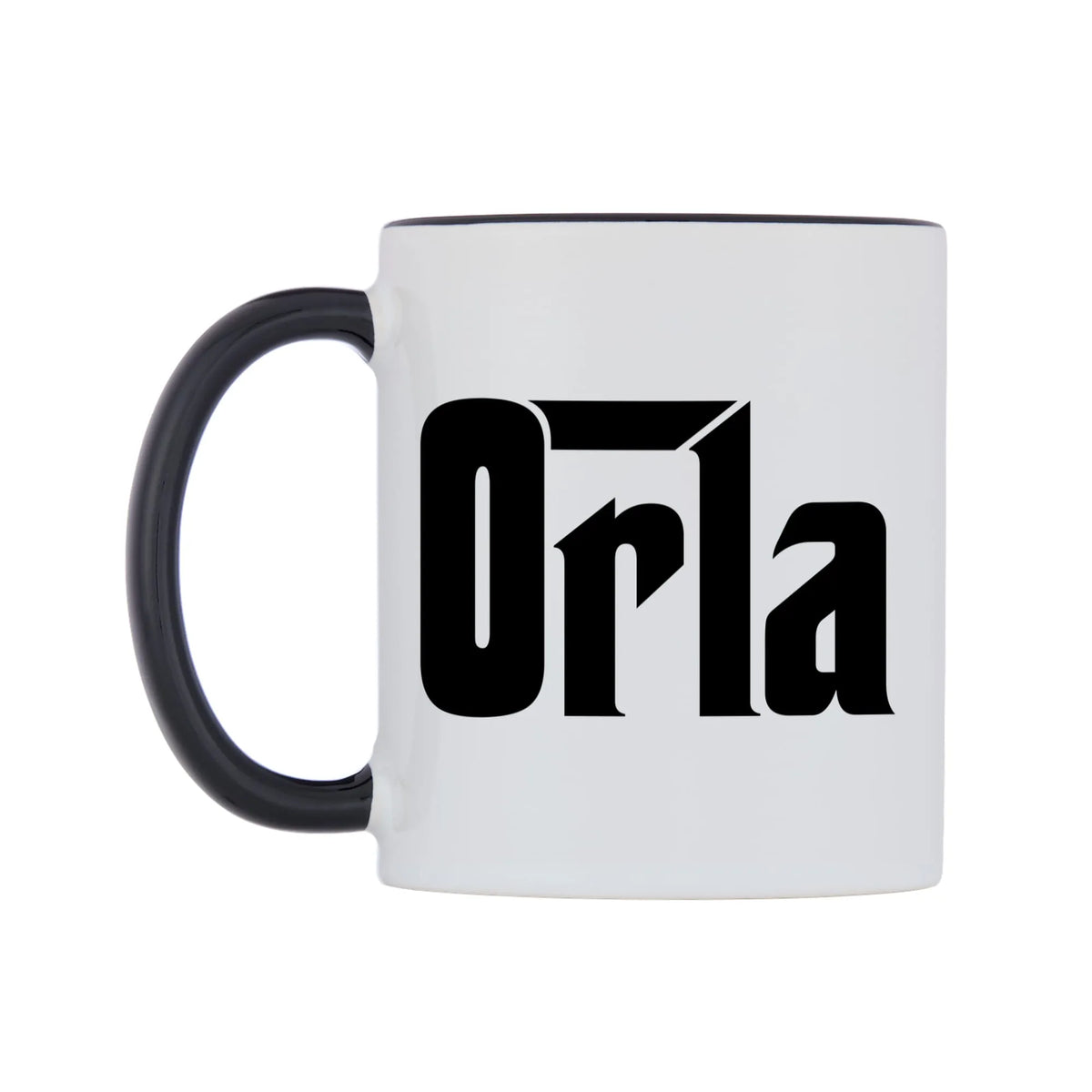 Orla - Godfather Themed Mug — white 11oz gloss mug with a black inside and handle, right side, on a white background