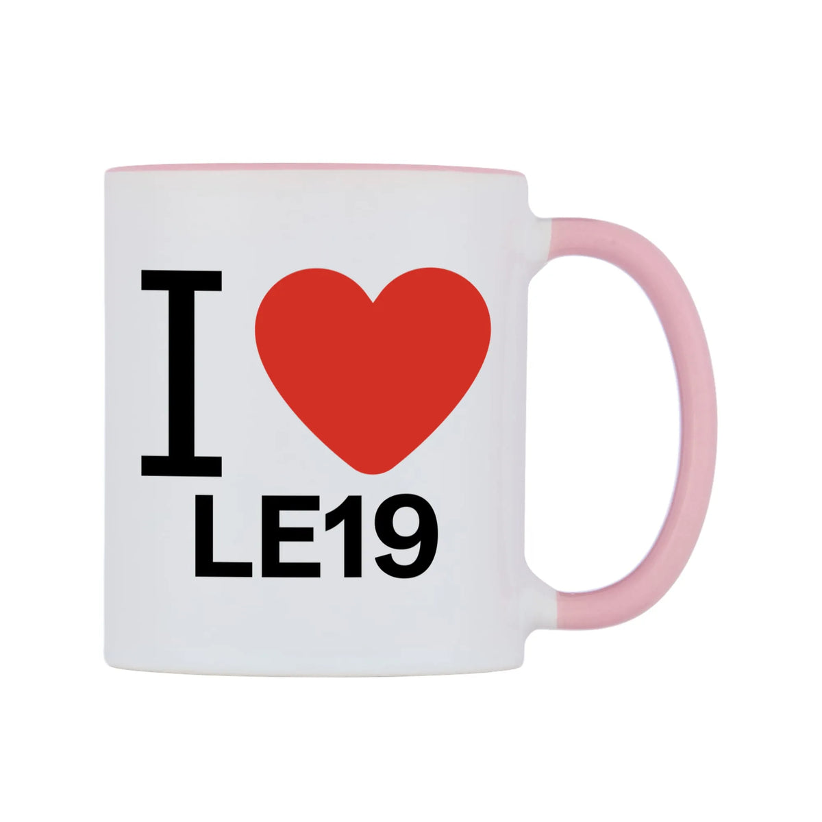 I Love LE19 Mug — white 11oz gloss mug with a pink inside and handle, left side, on a white background