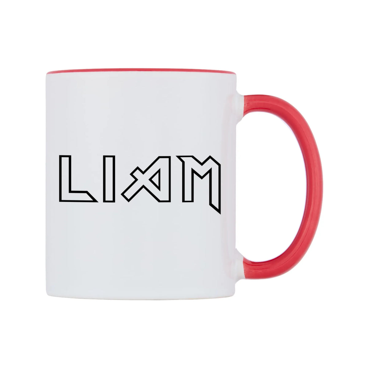 Liam - Iron Maiden Themed Mug — white 11oz gloss mug with a red inside and handle, left side, on a white background