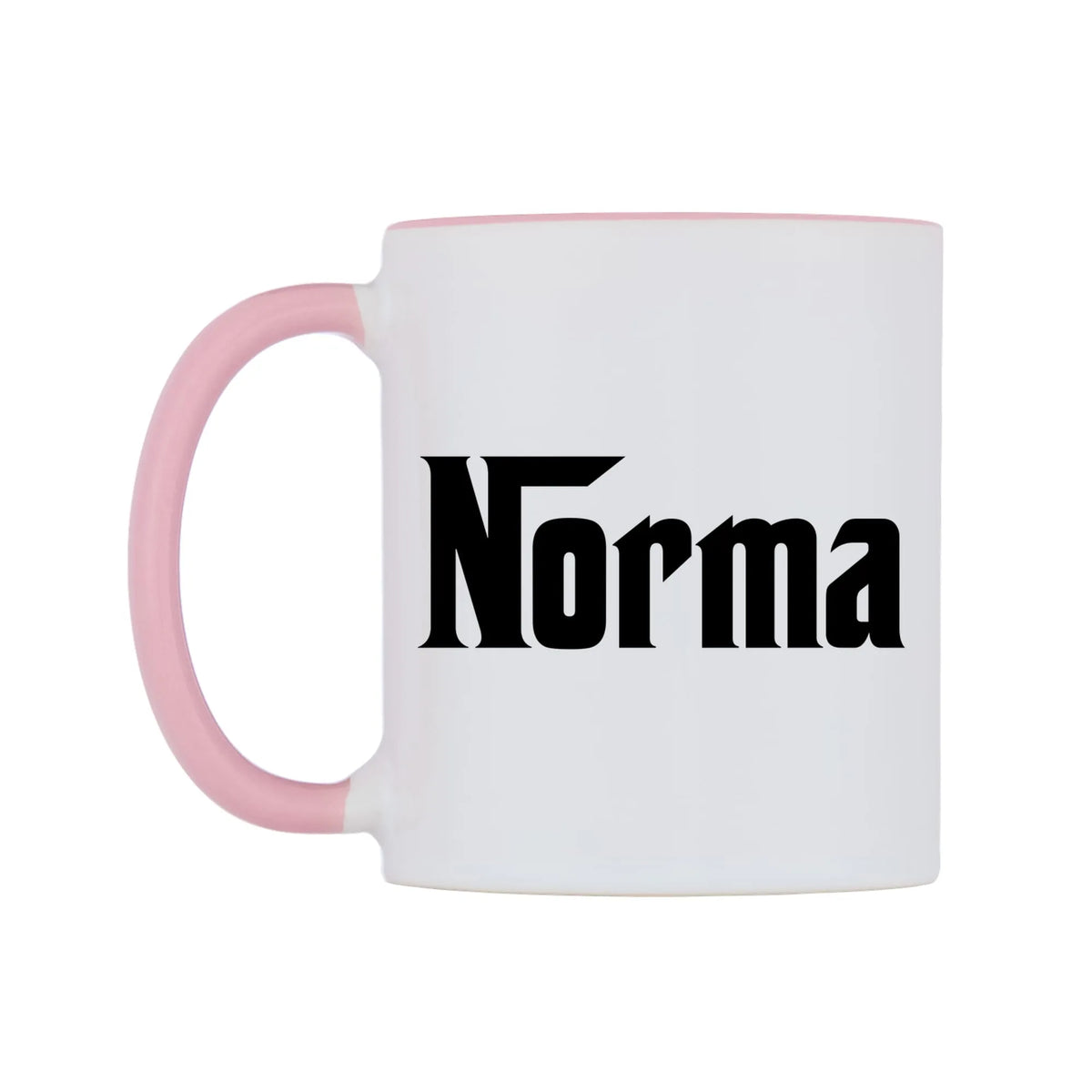 Norma - Godfather Themed Mug — white 11oz gloss mug with a pink inside and handle, right side, on a white background