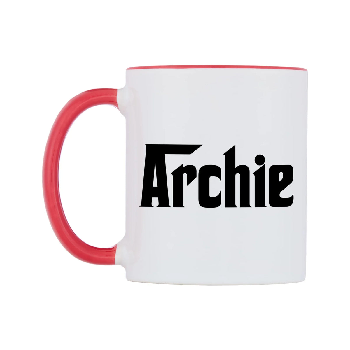 Archie - Godfather Themed Mug — white 11oz gloss mug with a red inside and handle, right side, on a white background