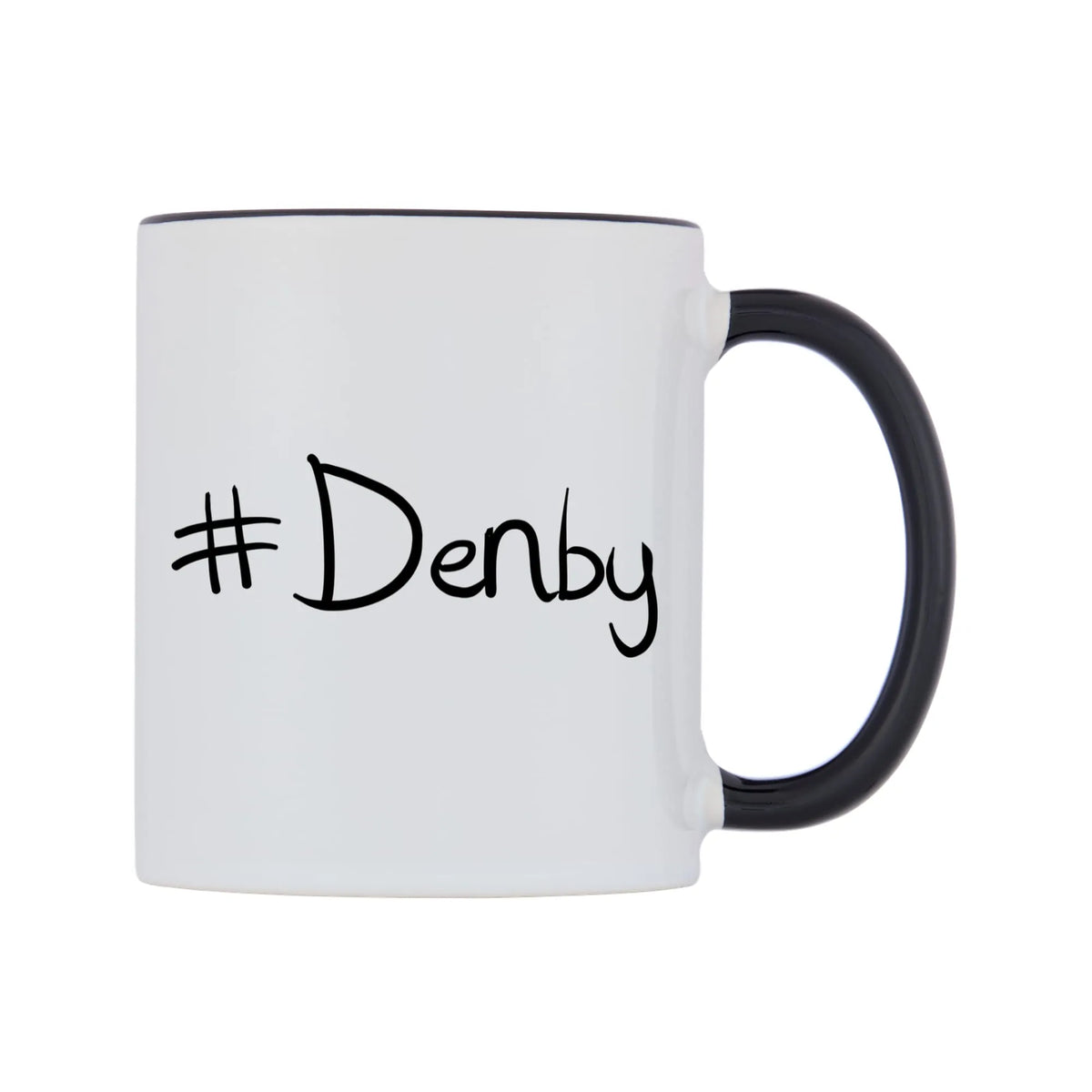 Denby Mug — white 11oz gloss mug with a black inside and handle, left side, on a white background