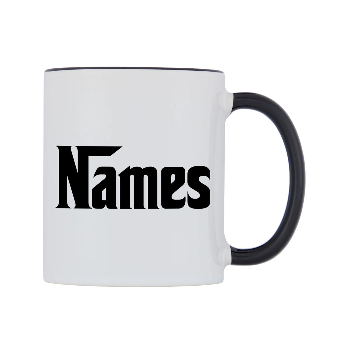 Personalised Godfather Themed Font Names Mug — white 11oz gloss mug with a black inside and handle, left side, on a white background