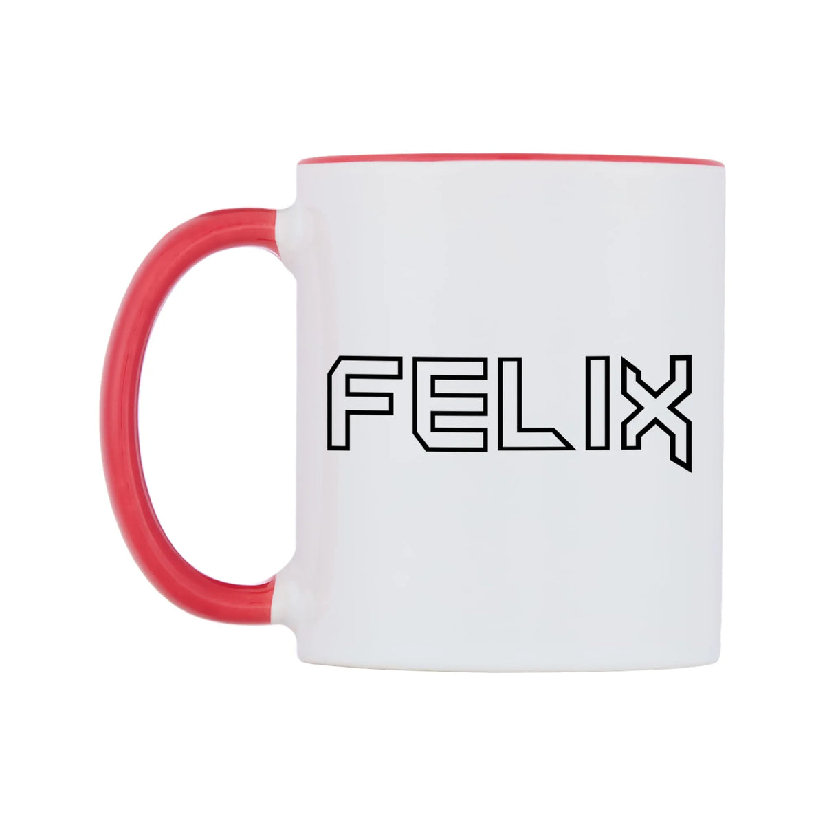 Felix - Iron Maiden Themed Mug — white 11oz gloss mug with a red inside and handle, right side, on a white background