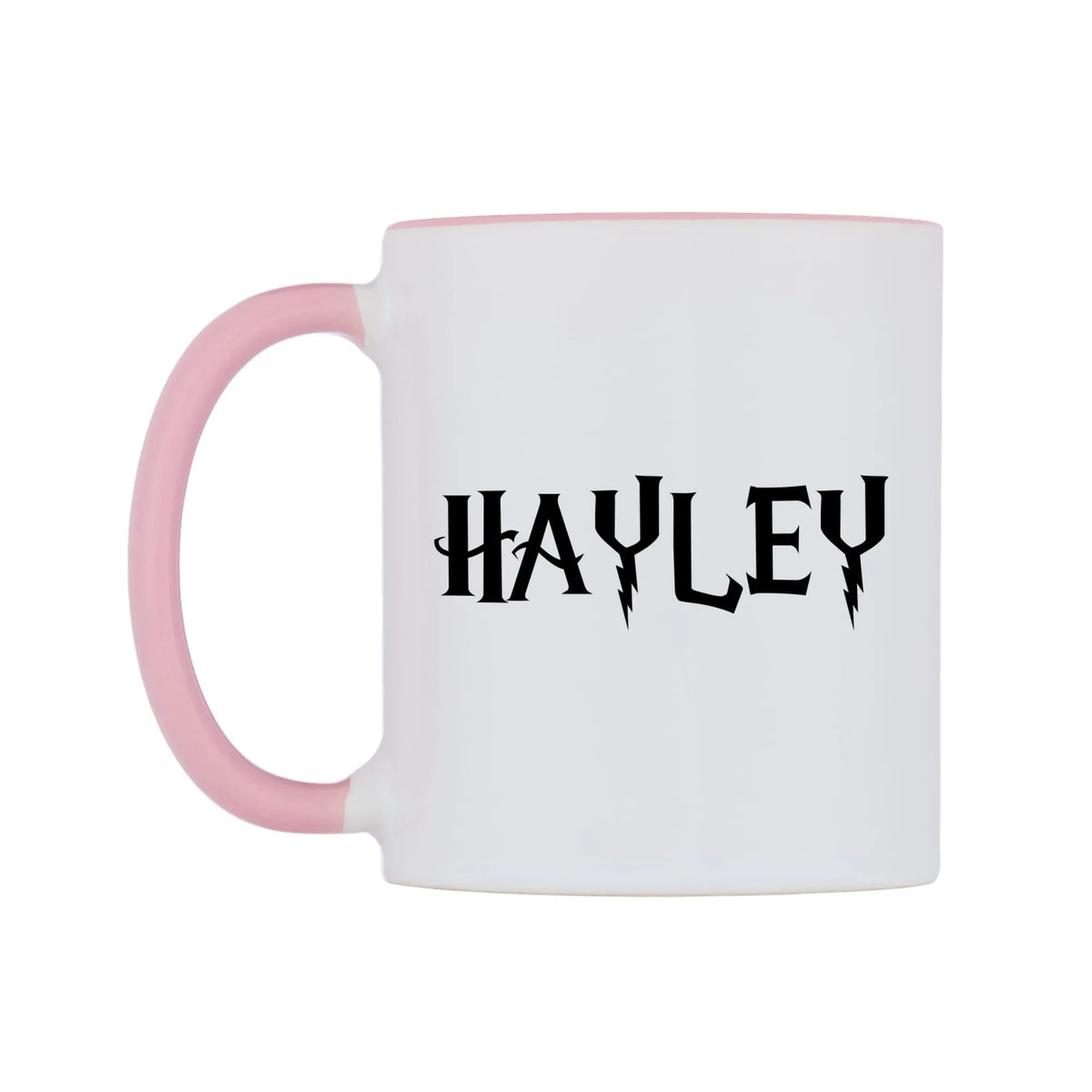Hayley - Wizard Themed Mug — white 11oz gloss mug with a pink inside and handle, right side, on a white background