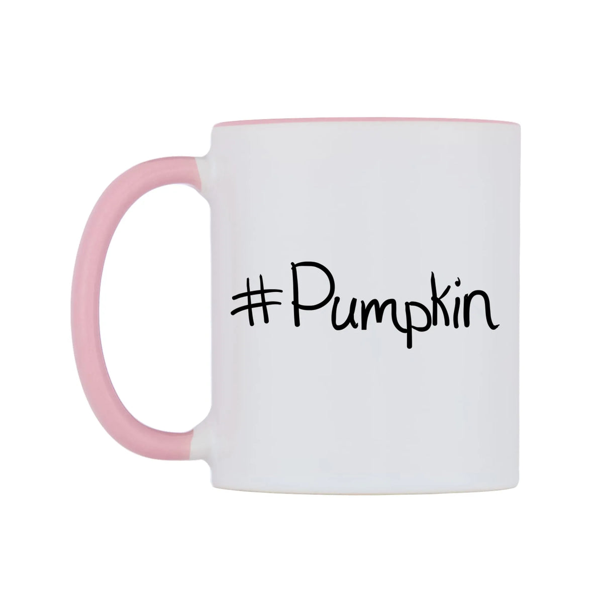 Pumpkin Mug — white 11oz gloss mug with a pink inside and handle, right side, on a white background