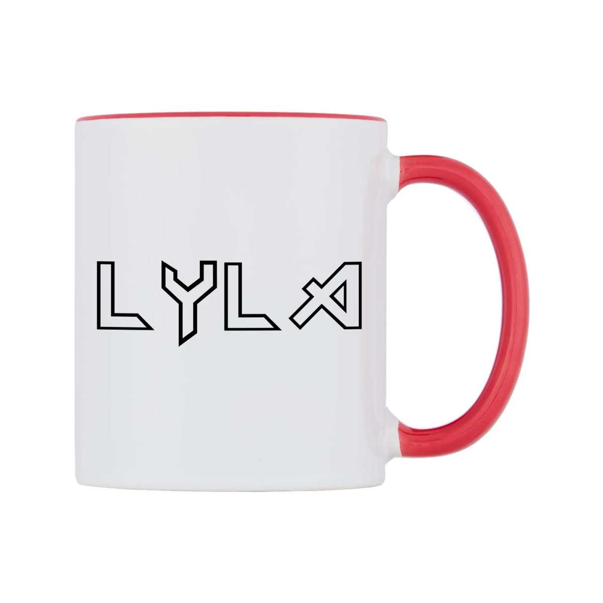 Lyla - Iron Maiden Themed Mug — white 11oz gloss mug with a red inside and handle, left side, on a white background