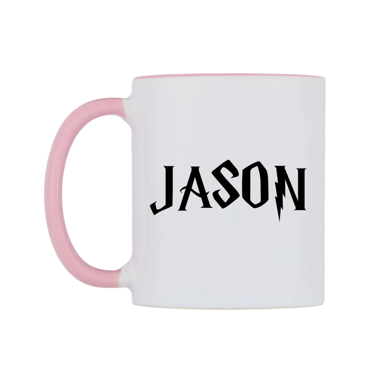 Jason - Wizard Themed Mug — white 11oz gloss mug with a pink inside and handle, right side, on a white background