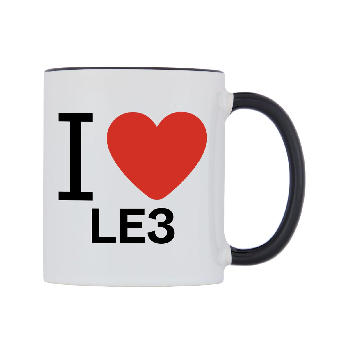 I Love LE3 Mug — white 11oz gloss mug with a black inside and handle, left side, on a white background