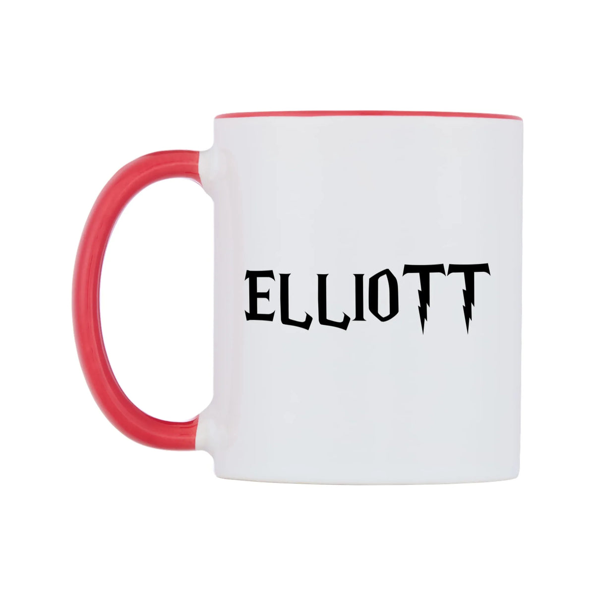 Elliott - Wizard Themed Mug — white 11oz gloss mug with a red inside and handle, right side, on a white background
