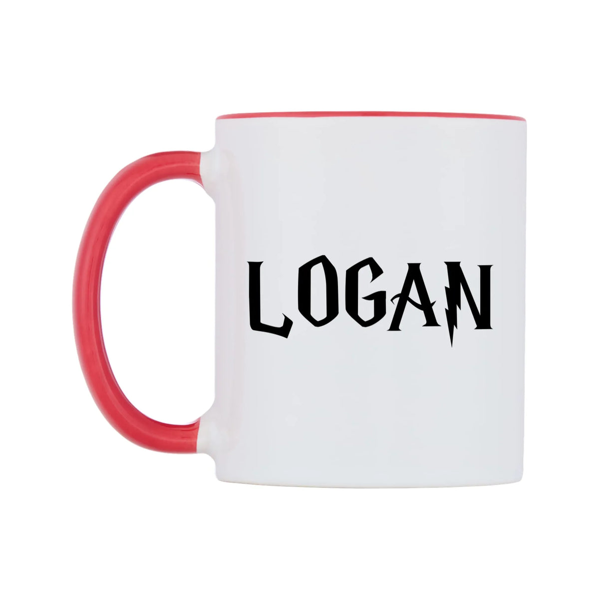 Logan - Wizard Themed Mug — white 11oz gloss mug with a red inside and handle, right side, on a white background