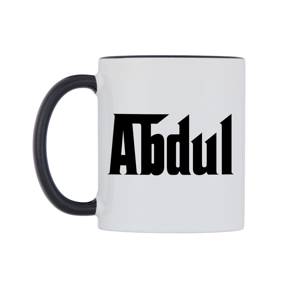 Abdul - Godfather Themed Mug — white 11oz gloss mug with a black inside and handle, right side, on a white background