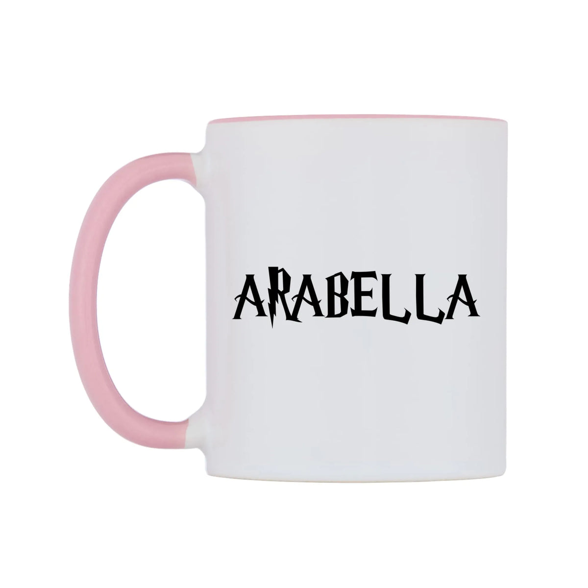 Arabella - Wizard Themed Mug — white 11oz gloss mug with a pink inside and handle, right side, on a white background
