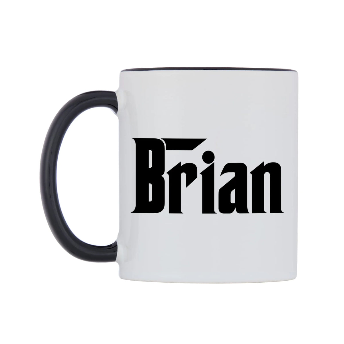 Brian - Godfather Themed Mug — white 11oz gloss mug with a black inside and handle, right side, on a white background
