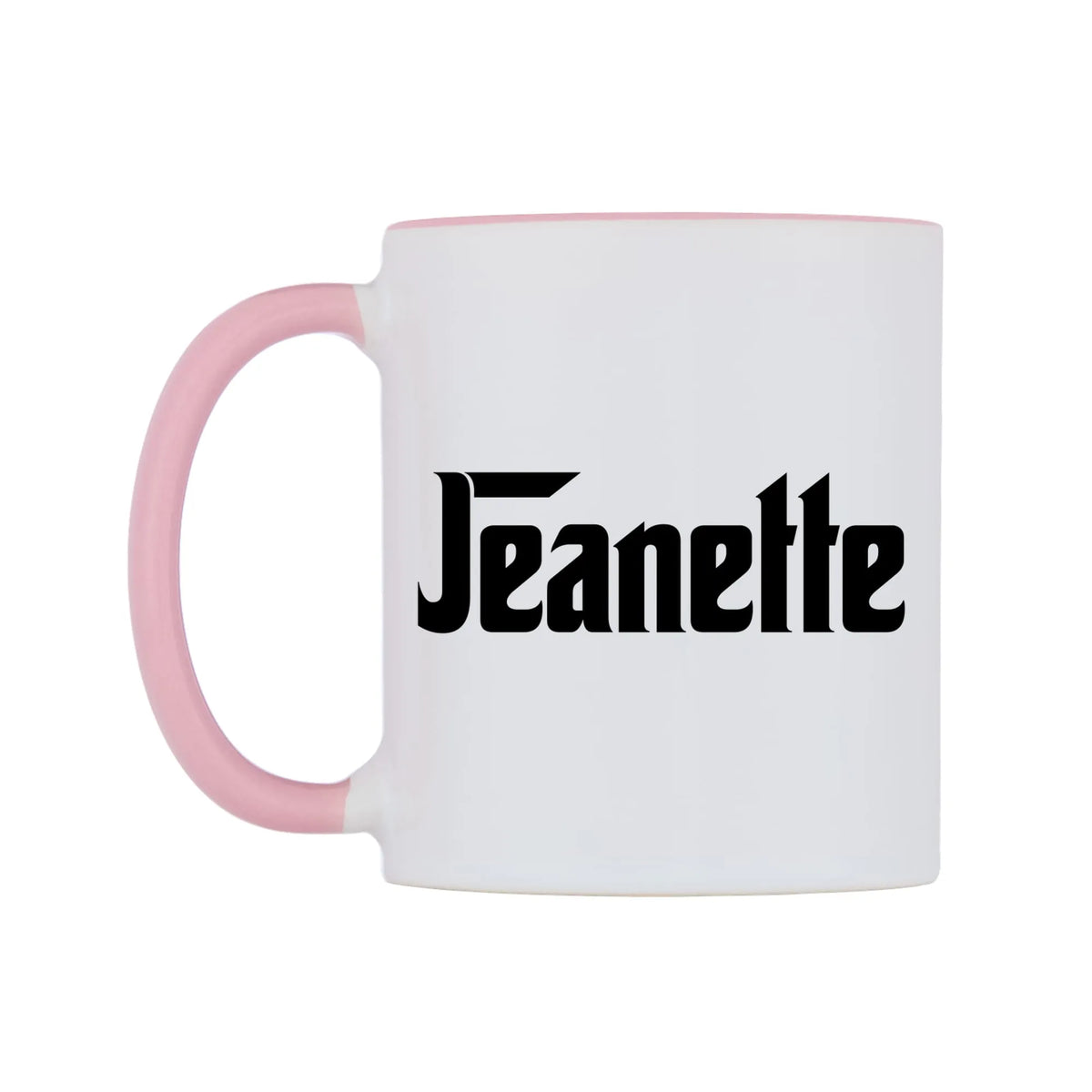 Jeanette - Godfather Themed Mug — white 11oz gloss mug with a pink inside and handle, right side, on a white background