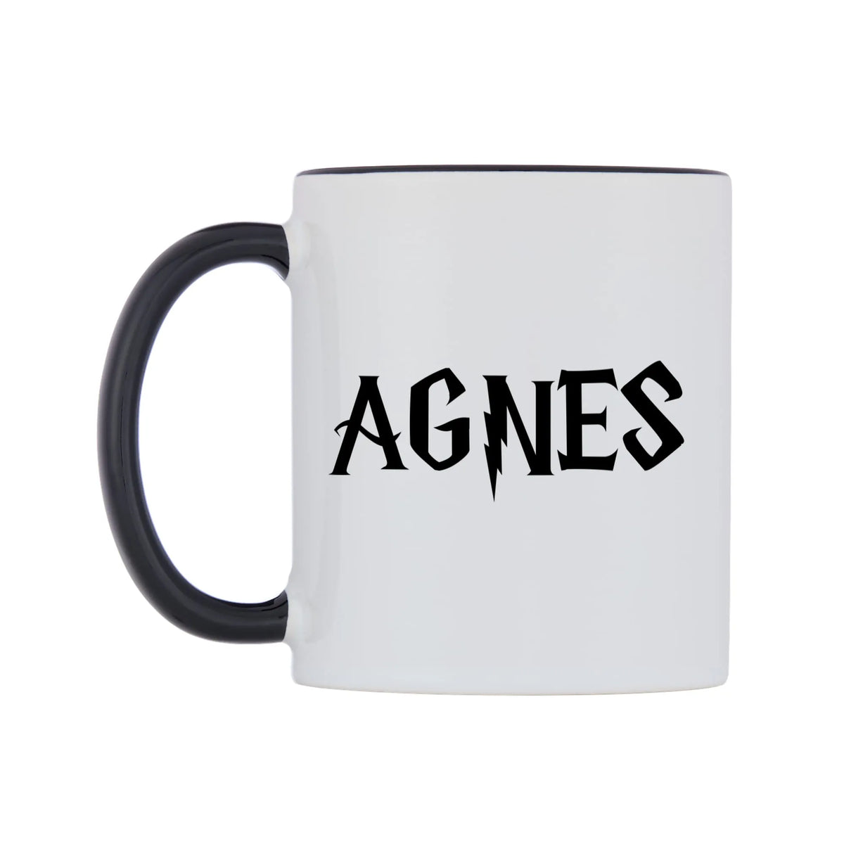 Agnes - Wizard Themed Mug — white 11oz gloss mug with a black inside and handle, right side, on a white background