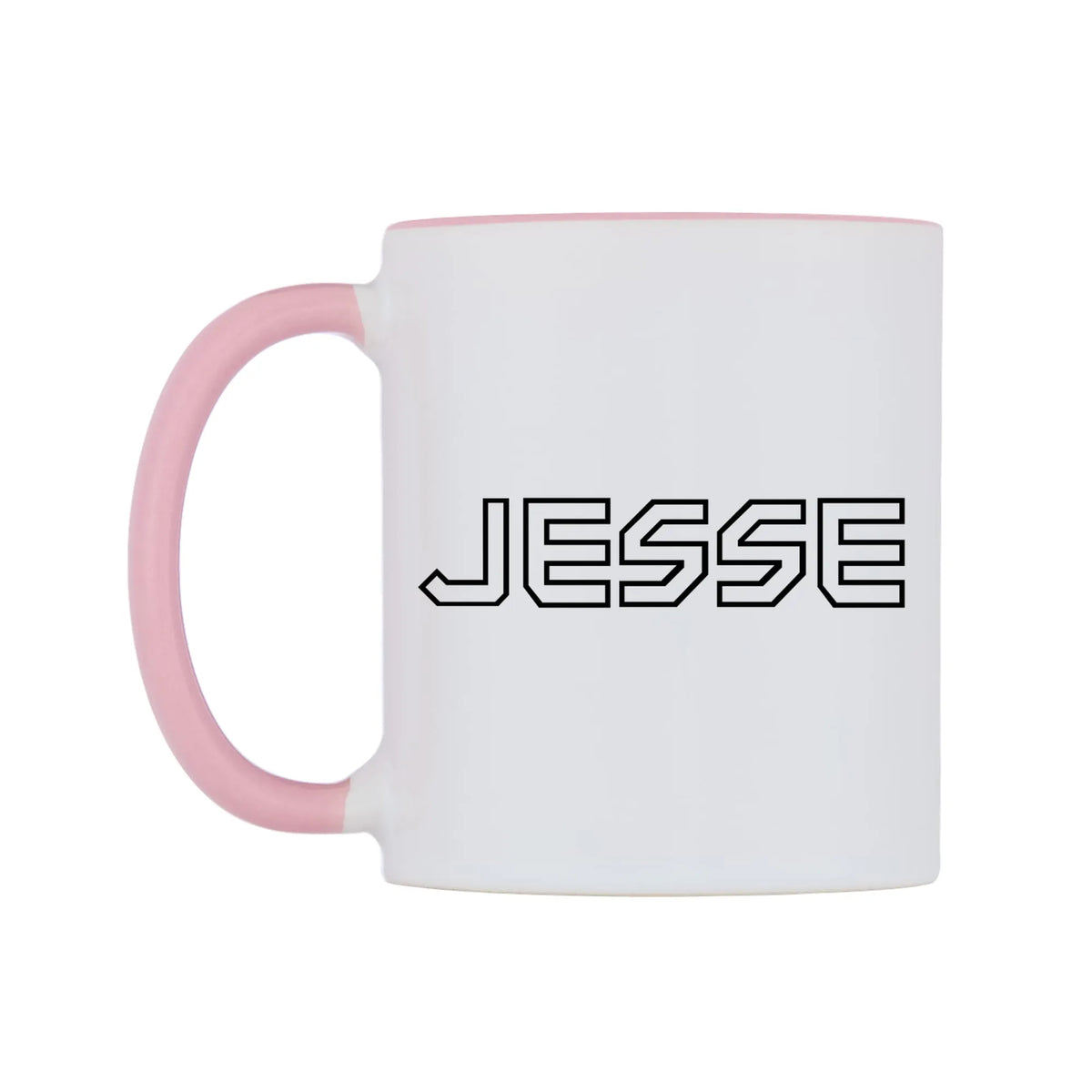 Jesse - Iron Maiden Themed Mug — white 11oz gloss mug with a pink inside and handle, right side, on a white background