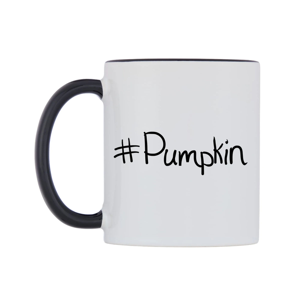 Pumpkin Mug — white 11oz gloss mug with a black inside and handle, right side, on a white background