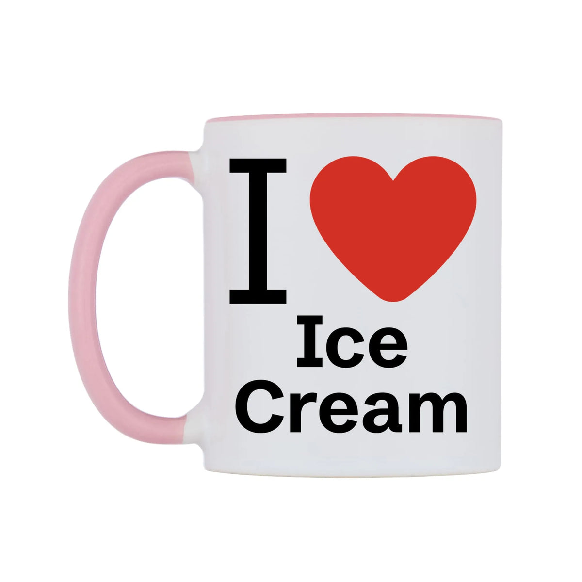 I Love Ice Cream Mug — white 11oz gloss mug with a pink inside and handle, right side, on a white background