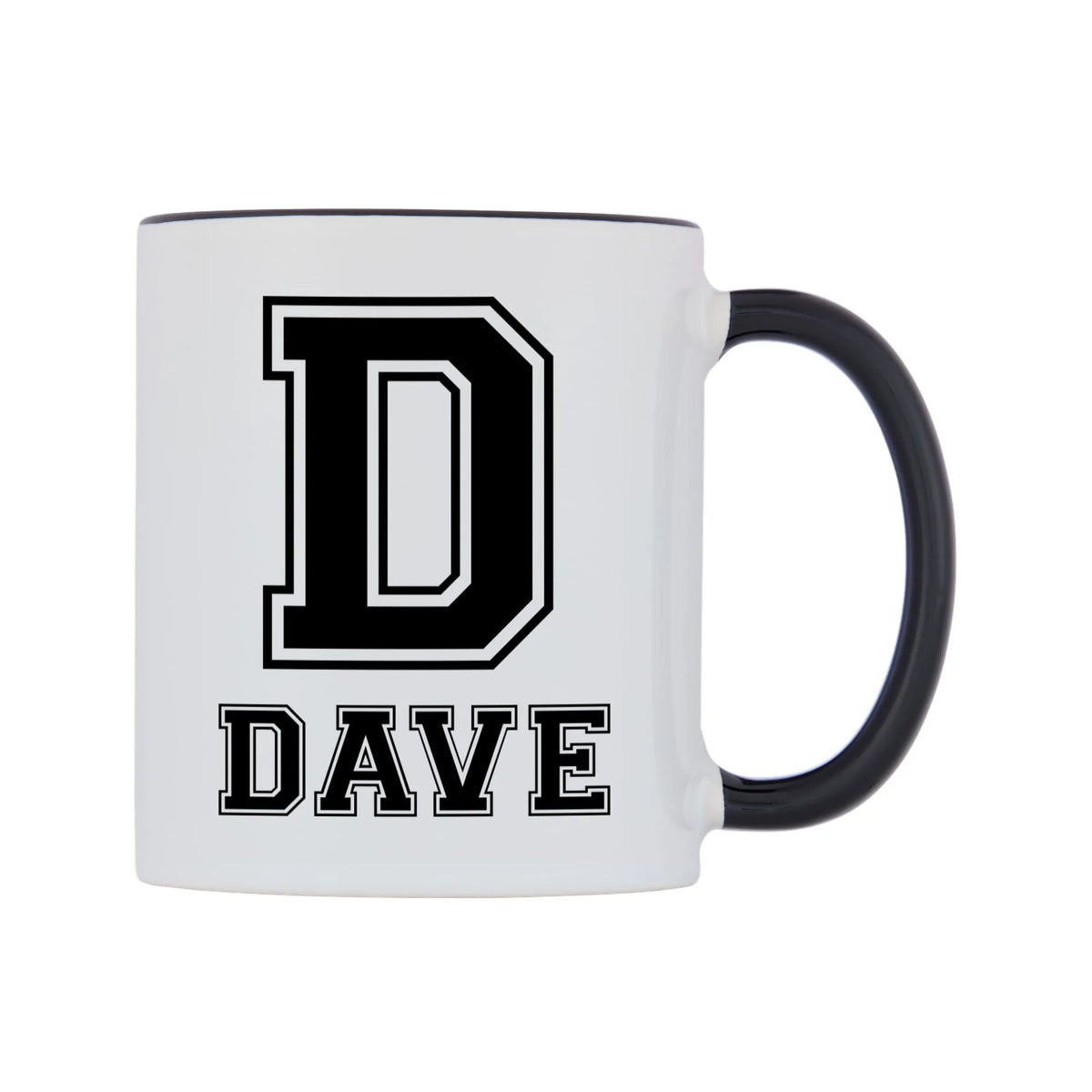 Personalised Initial And Name Mug — white 11oz gloss mug with a black inside and handle, left side, on a white background