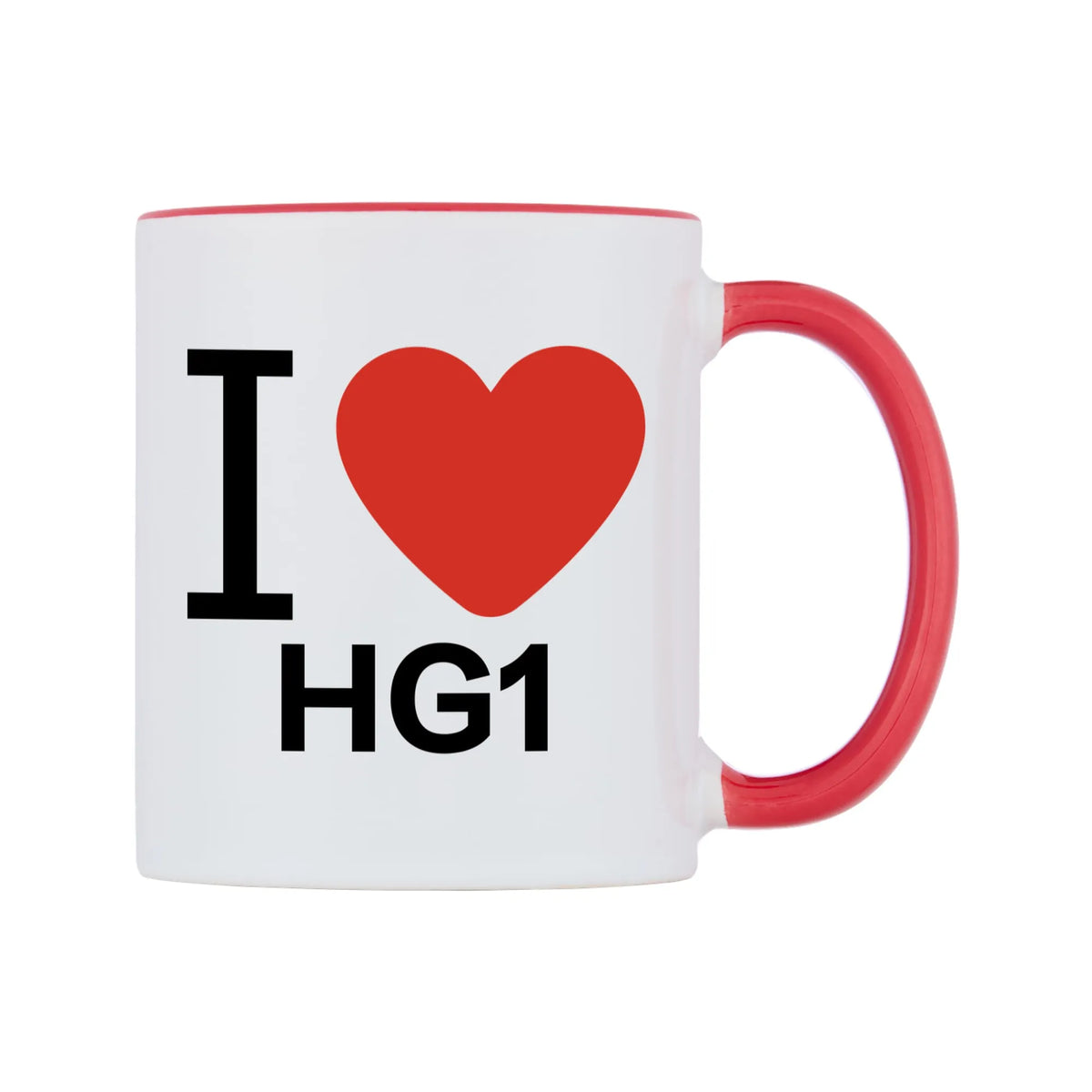 I Love HG1 Mug — white 11oz gloss mug with a red inside and handle, left side, on a white background