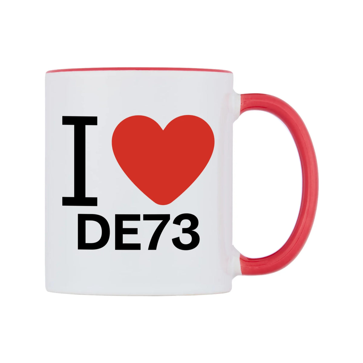 I Love DE73 Mug — white 11oz gloss mug with a red inside and handle, left side, on a white background
