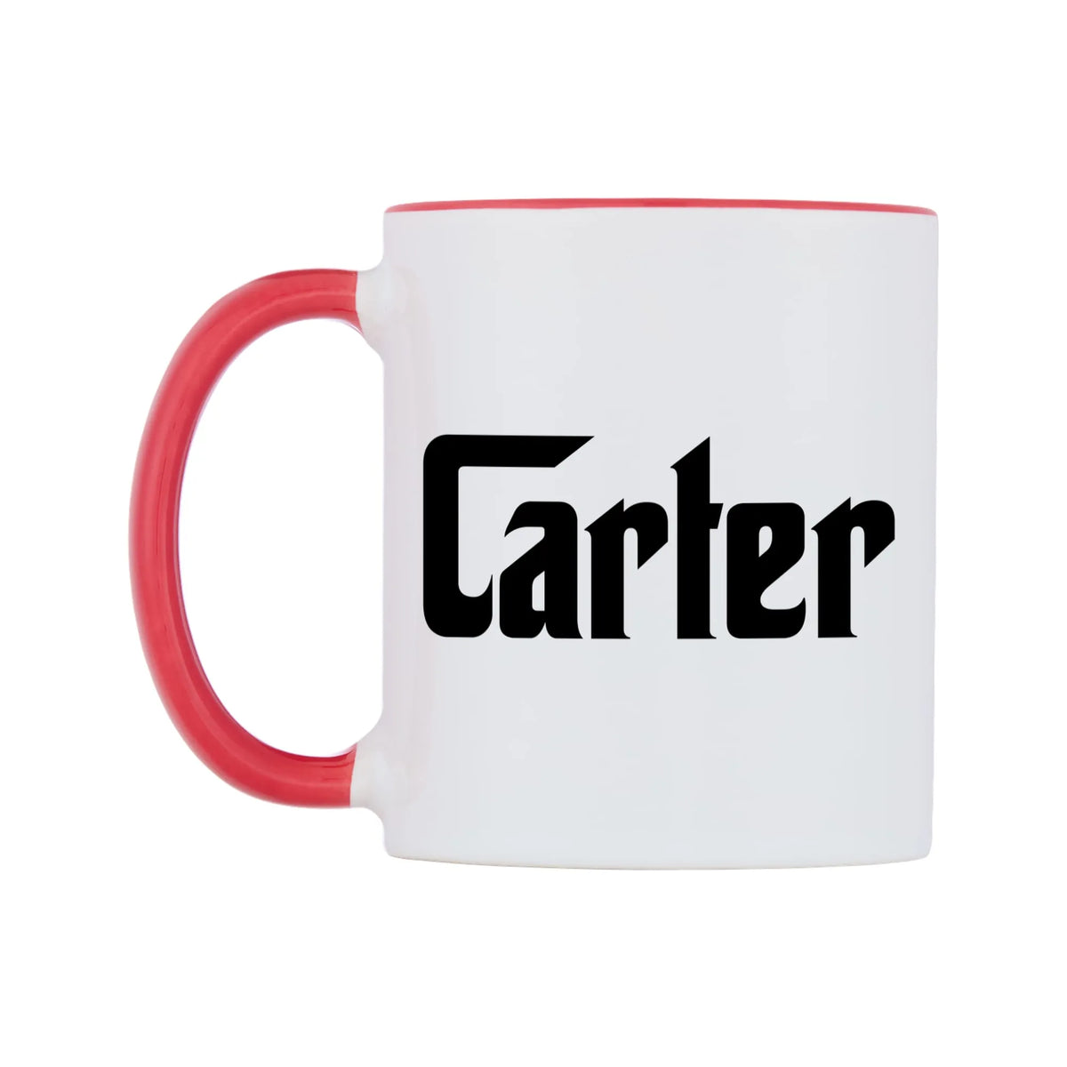 Carter - Godfather Themed Mug — white 11oz gloss mug with a red inside and handle, right side, on a white background