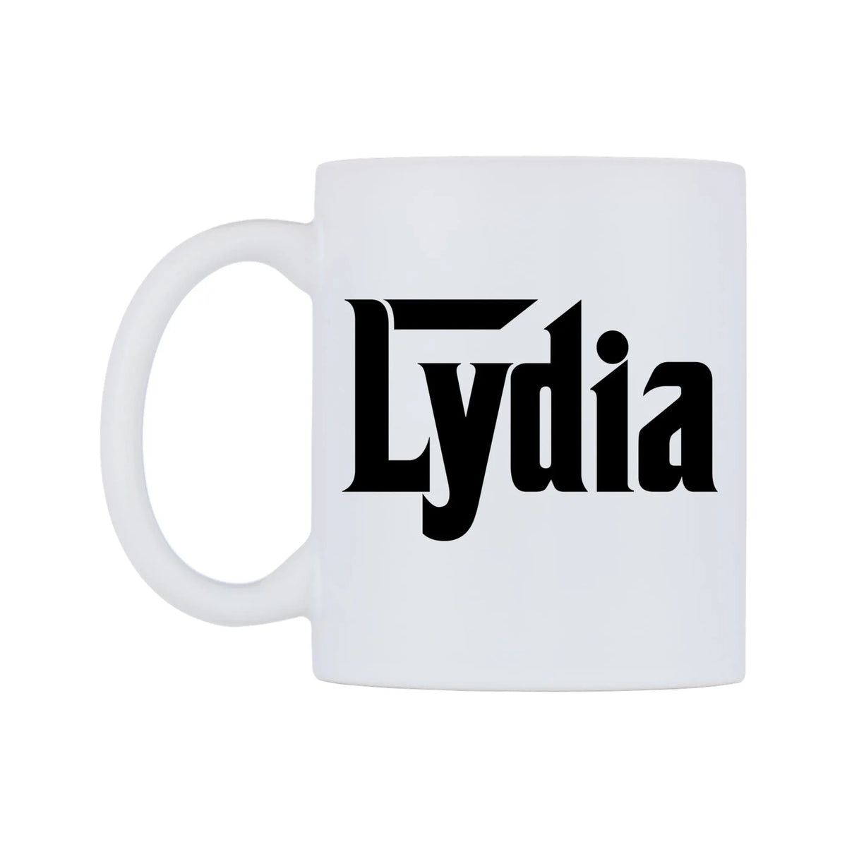 Lydia - Godfather Themed Mug — white 11oz gloss mug, right side, on a white background