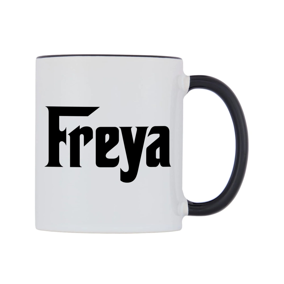 Freya - Godfather Themed Mug — white 11oz gloss mug with a black inside and handle, left side, on a white background