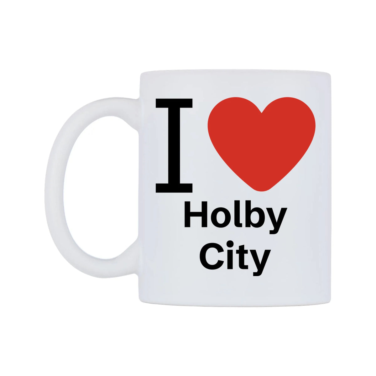 I Love Holby City Mug — white 11oz gloss mug, right side, on a white background