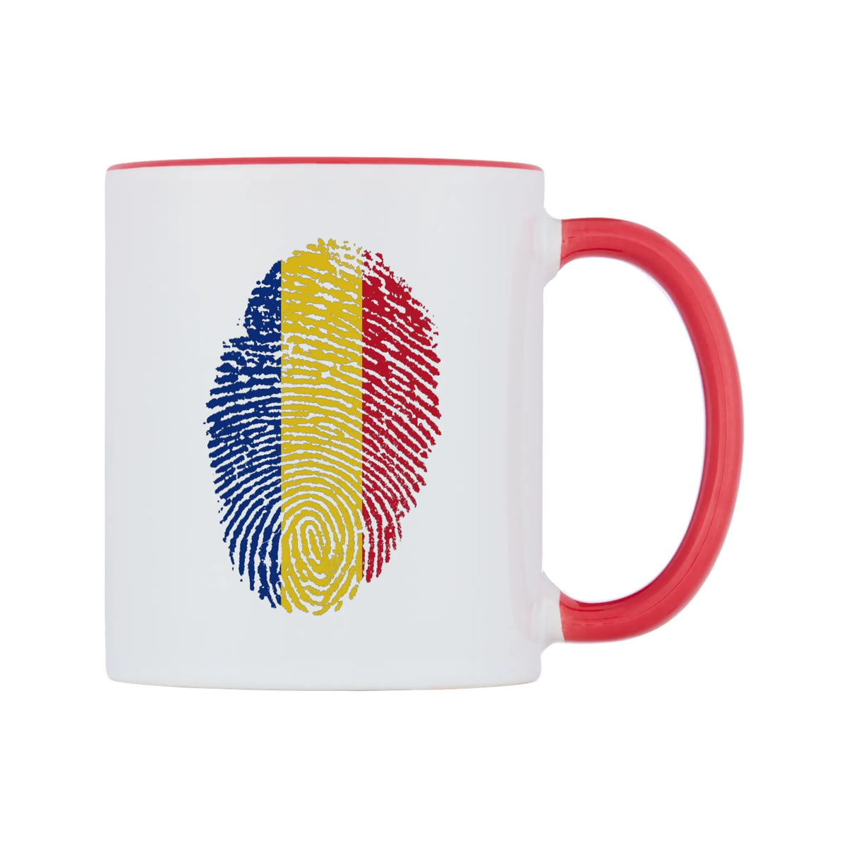 Romania Finger Print Flag Mug — white 11oz gloss mug with a red inside and handle, left side, on a white background