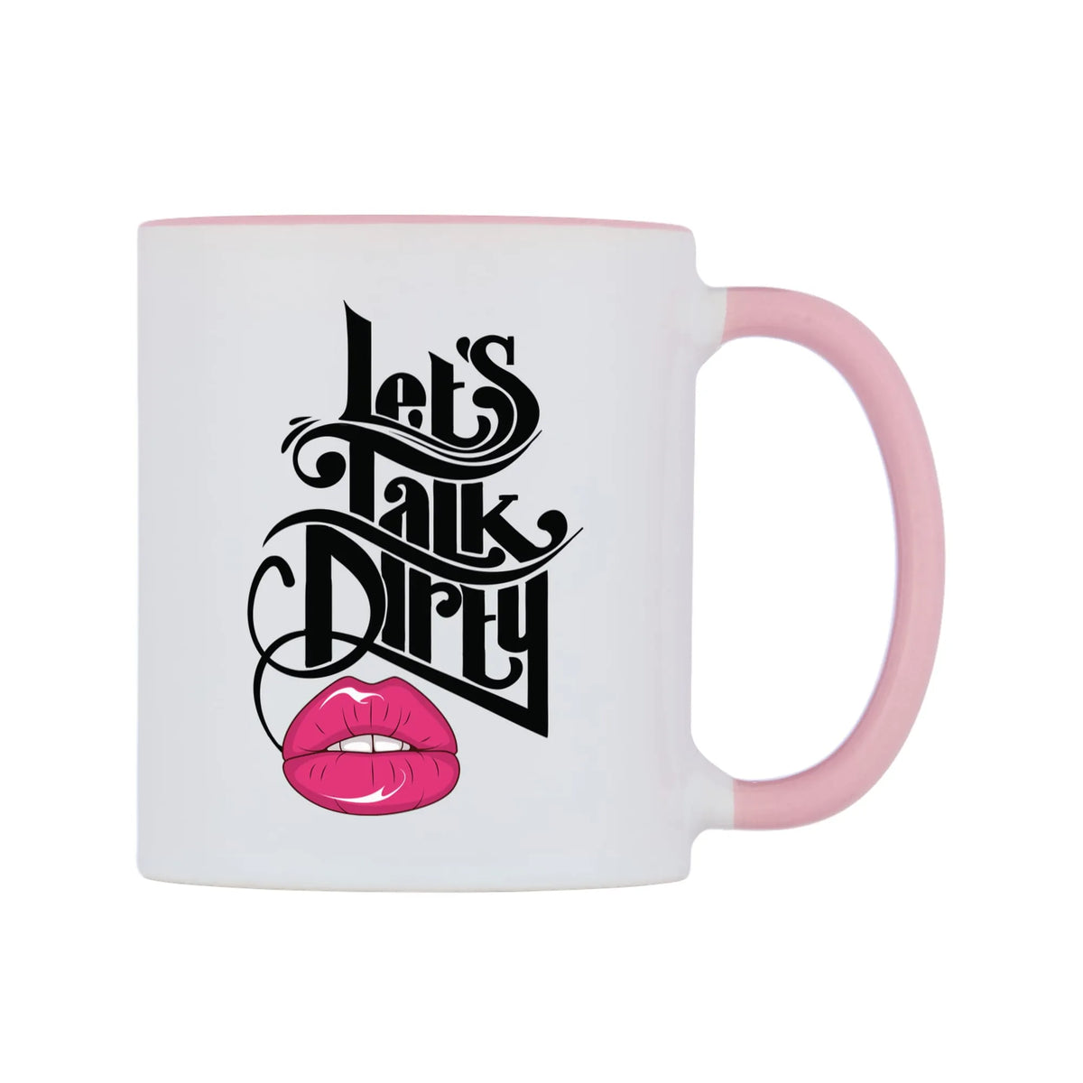 Lets Talk Dirty Mug — white 11oz gloss mug with a pink inside and handle, left side, on a white background