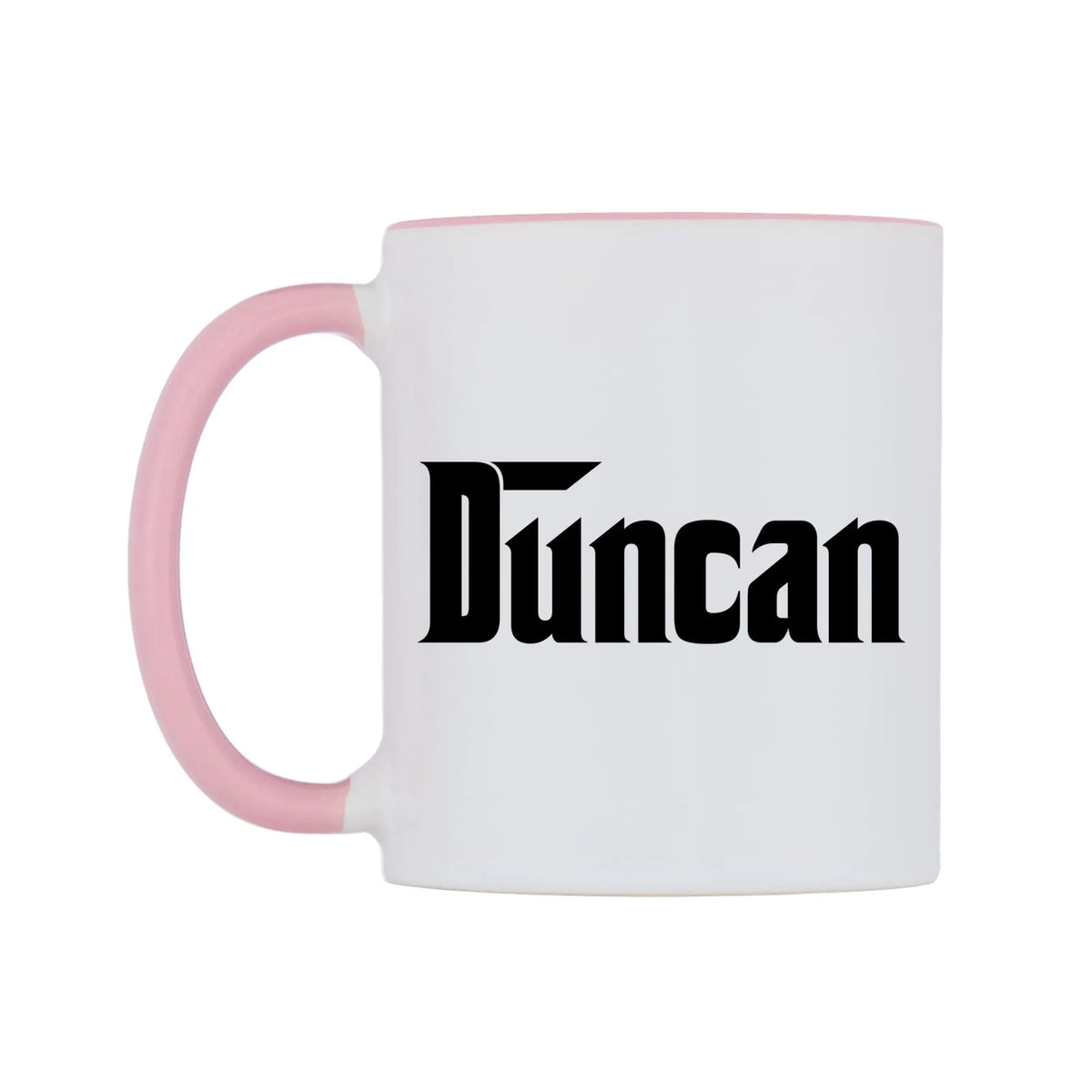 Duncan - Godfather Themed Mug — white 11oz gloss mug with a pink inside and handle, right side, on a white background