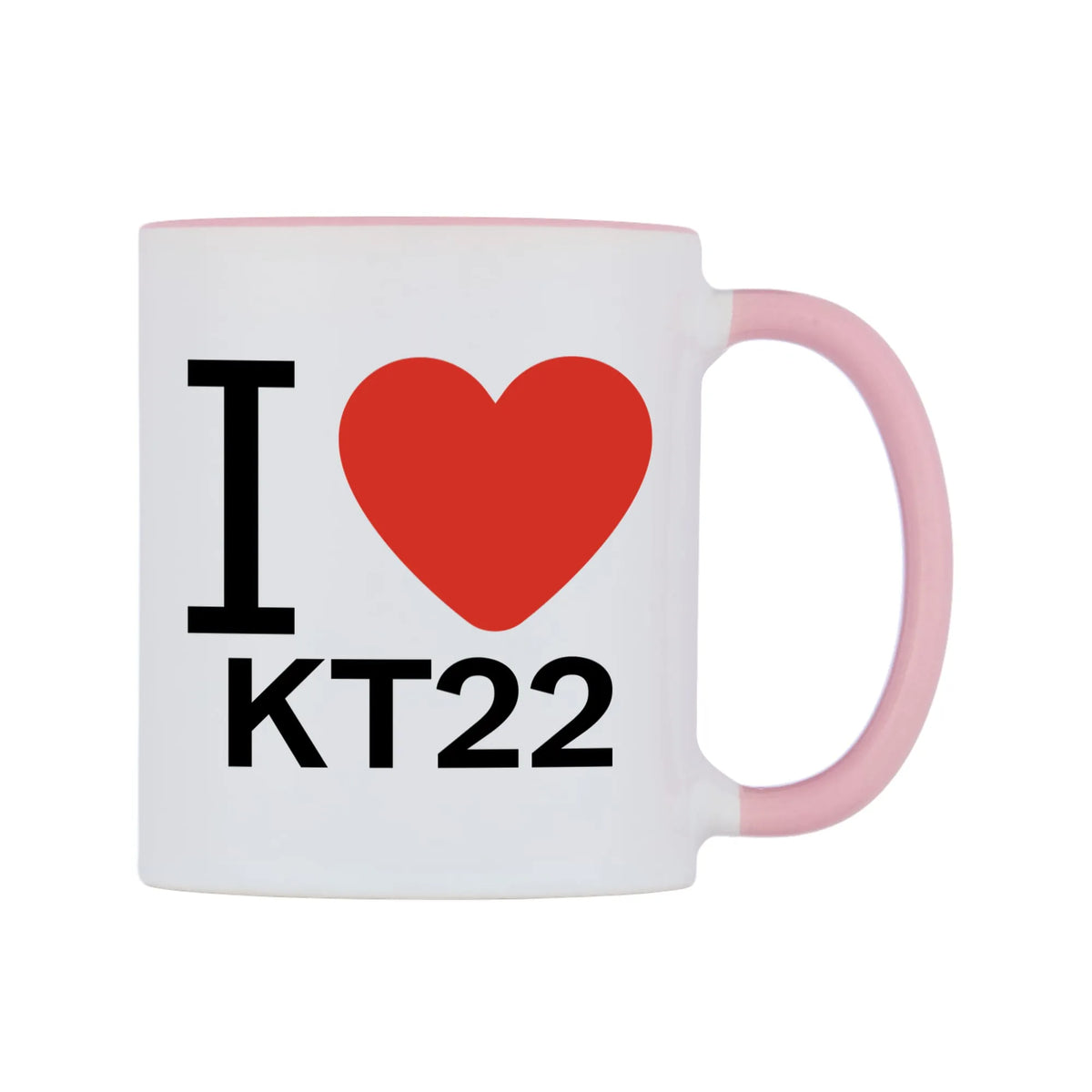 I Love KT22 Mug — white 11oz gloss mug with a pink inside and handle, left side, on a white background