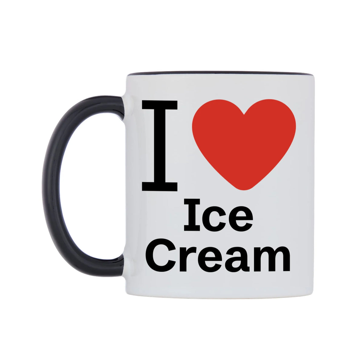 I Love Ice Cream Mug — white 11oz gloss mug with a black inside and handle, right side, on a white background