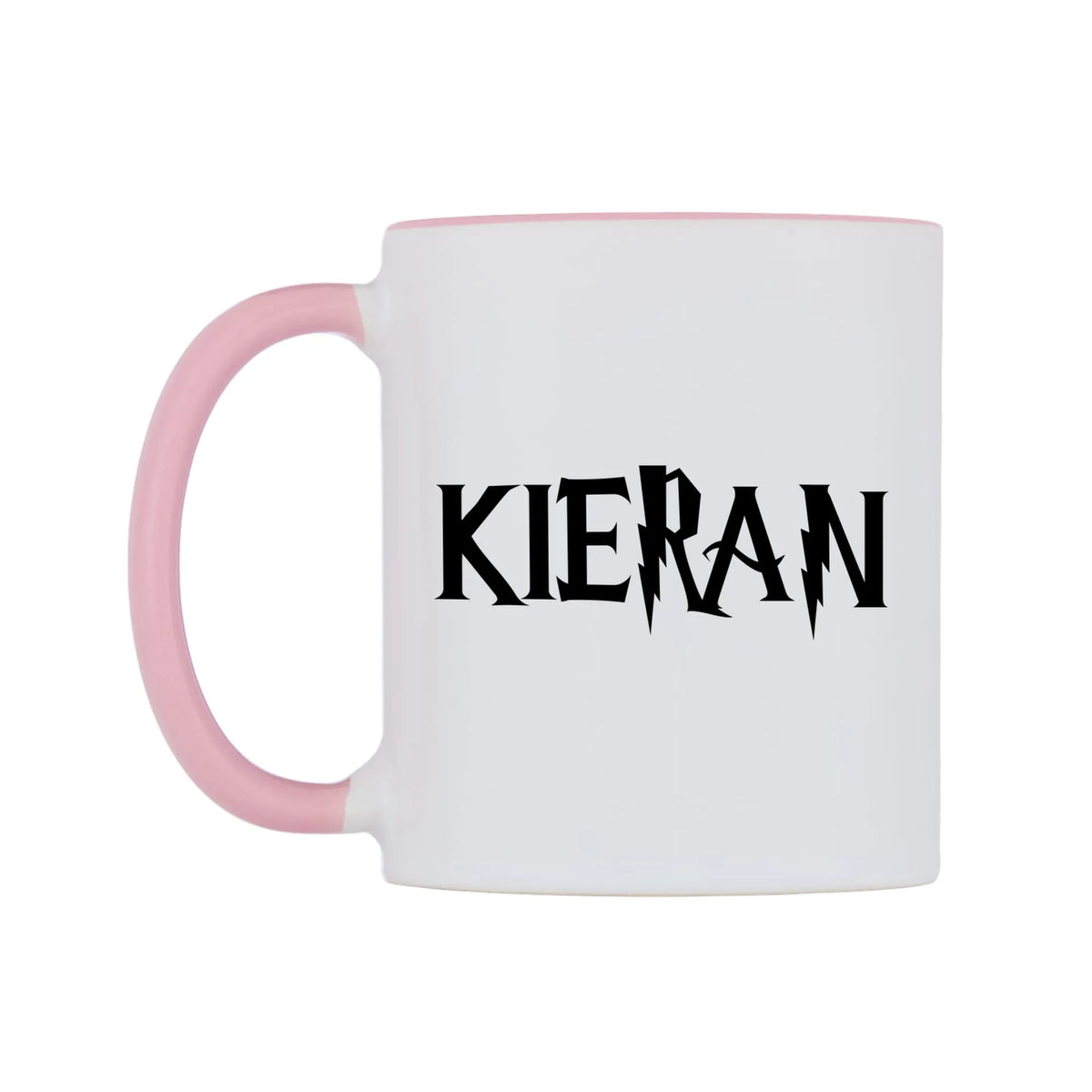Kieran - Wizard Themed Mug — white 11oz gloss mug with a pink inside and handle, right side, on a white background
