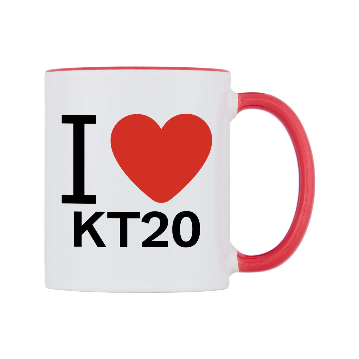 I Love KT20 Mug — white 11oz gloss mug with a red inside and handle, left side, on a white background