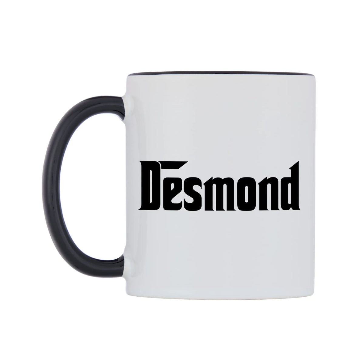 Desmond - Godfather Themed Mug — white 11oz gloss mug with a black inside and handle, right side, on a white background