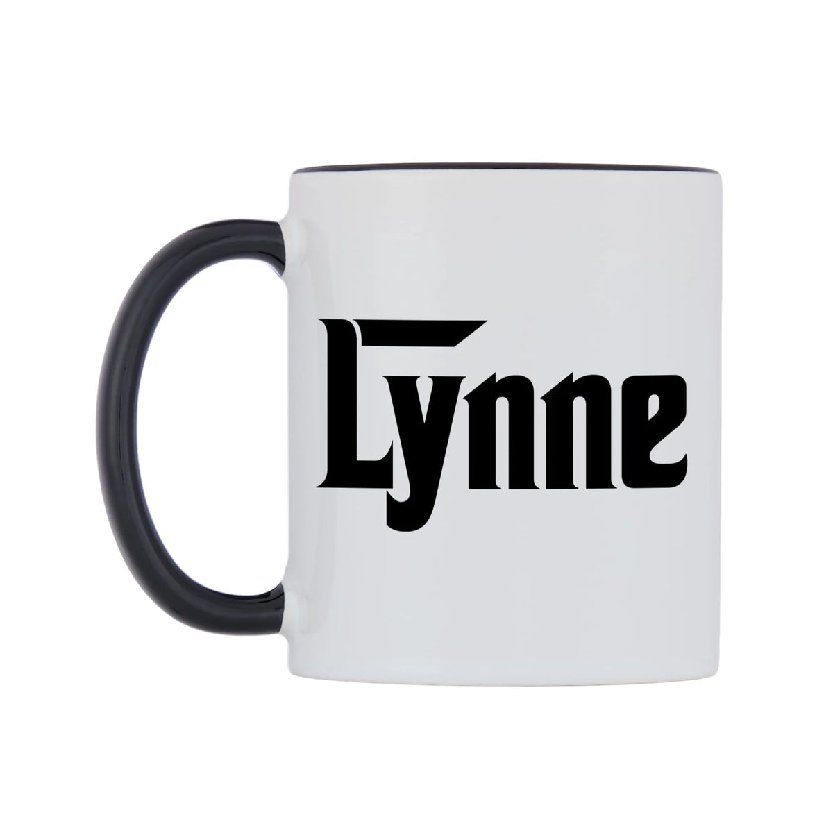 Lynne - Godfather Themed Mug — white 11oz gloss mug with a black inside and handle, right side, on a white background