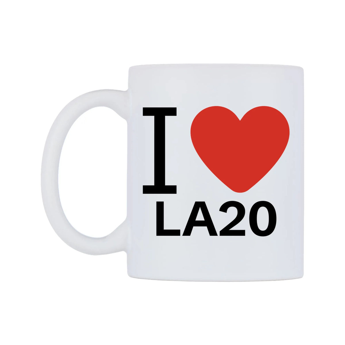 I Love LA20 Mug — white 11oz gloss mug, right side, on a white background