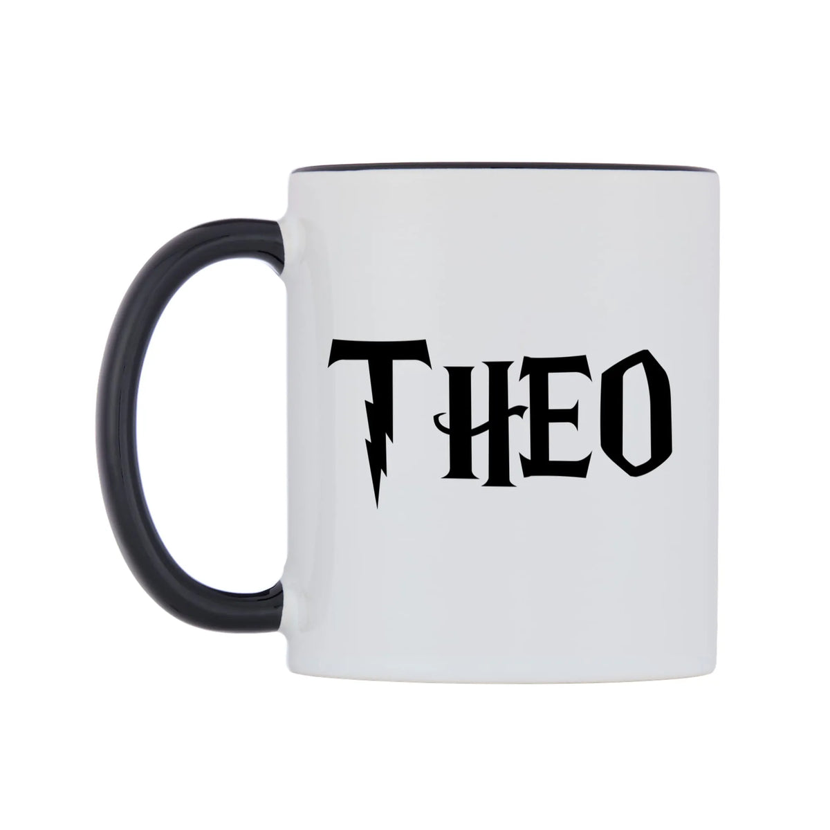 Theo - Wizard Themed Mug — white 11oz gloss mug with a black inside and handle, right side, on a white background