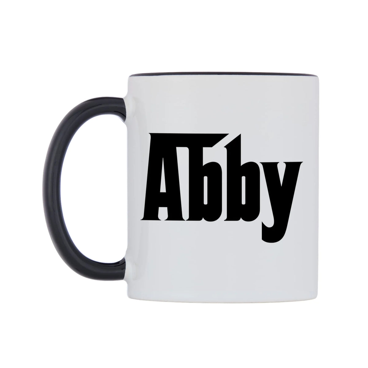Abby - Godfather Themed Mug — white 11oz gloss mug with a black inside and handle, right side, on a white background