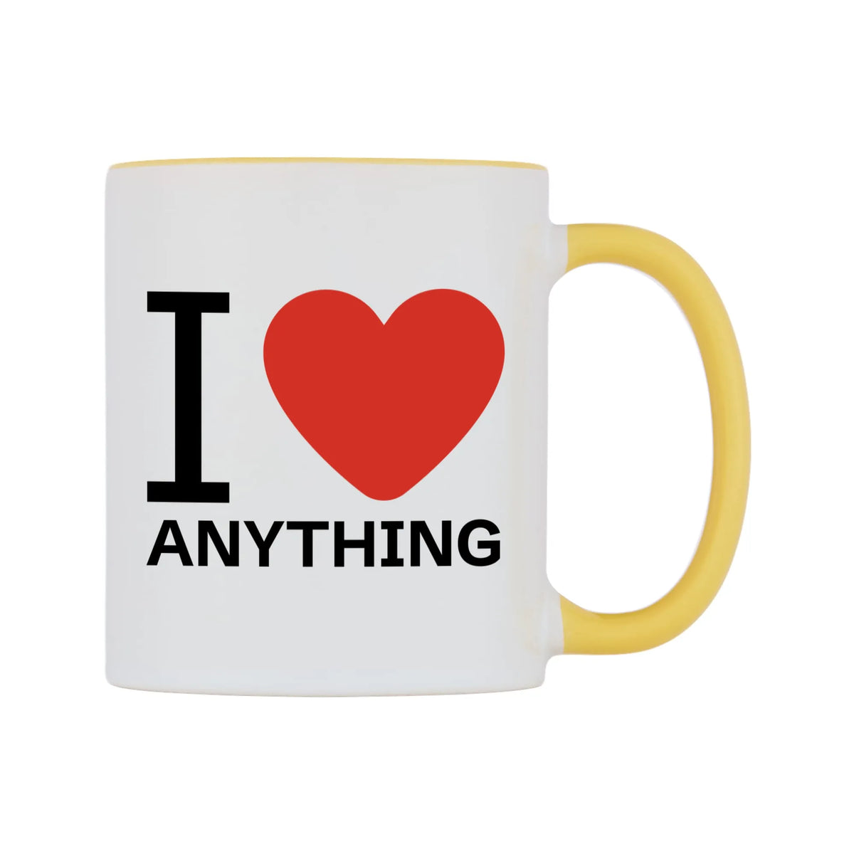 I Love Personalised Mug — white 11oz gloss mug with a yellow inside and handle, left side, on a white background