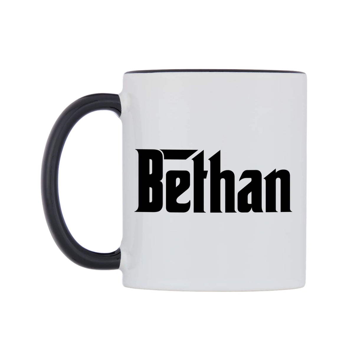 Bethan - Godfather Themed Mug — white 11oz gloss mug with a black inside and handle, right side, on a white background
