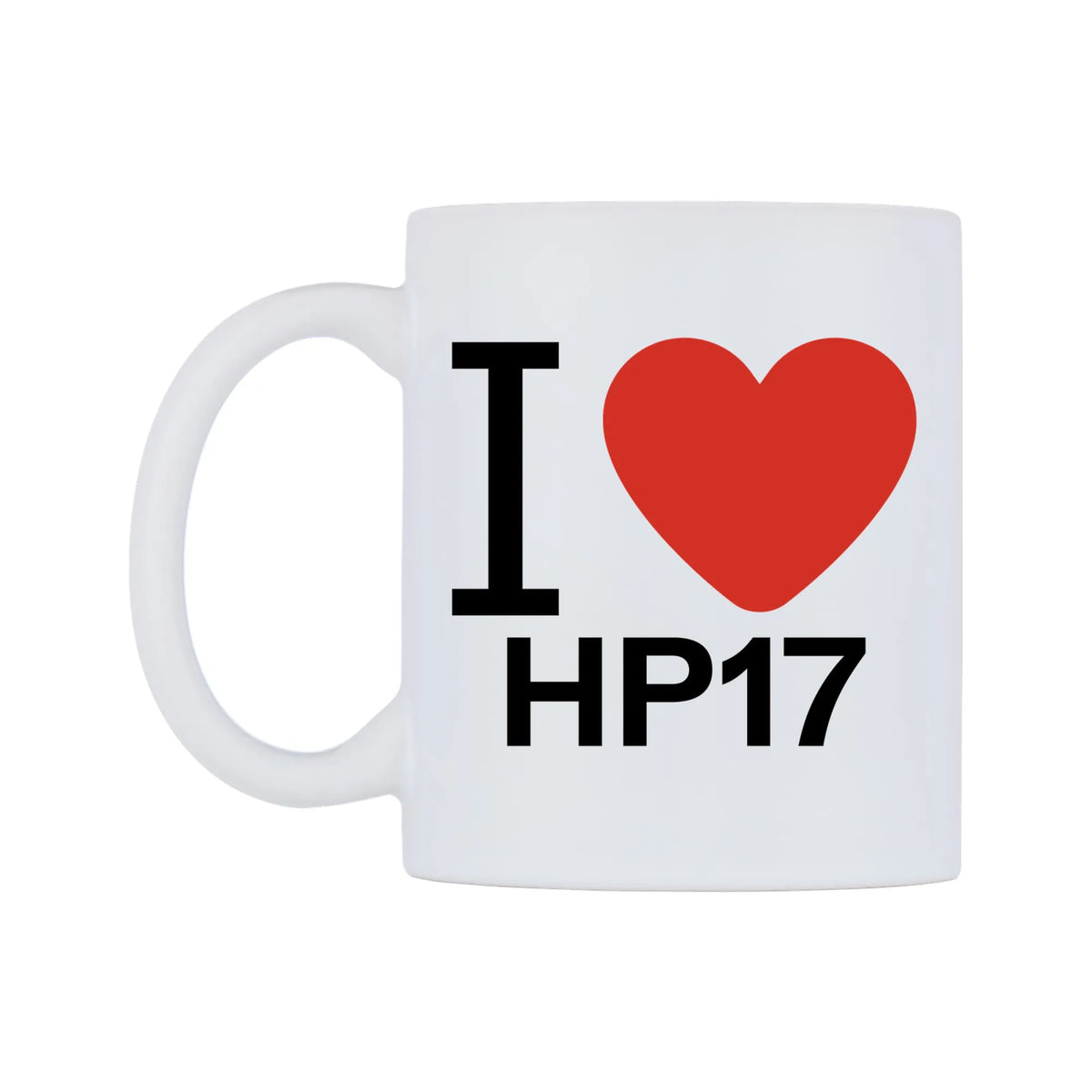 I Love HP17 Mug — white 11oz gloss mug, right side, on a white background