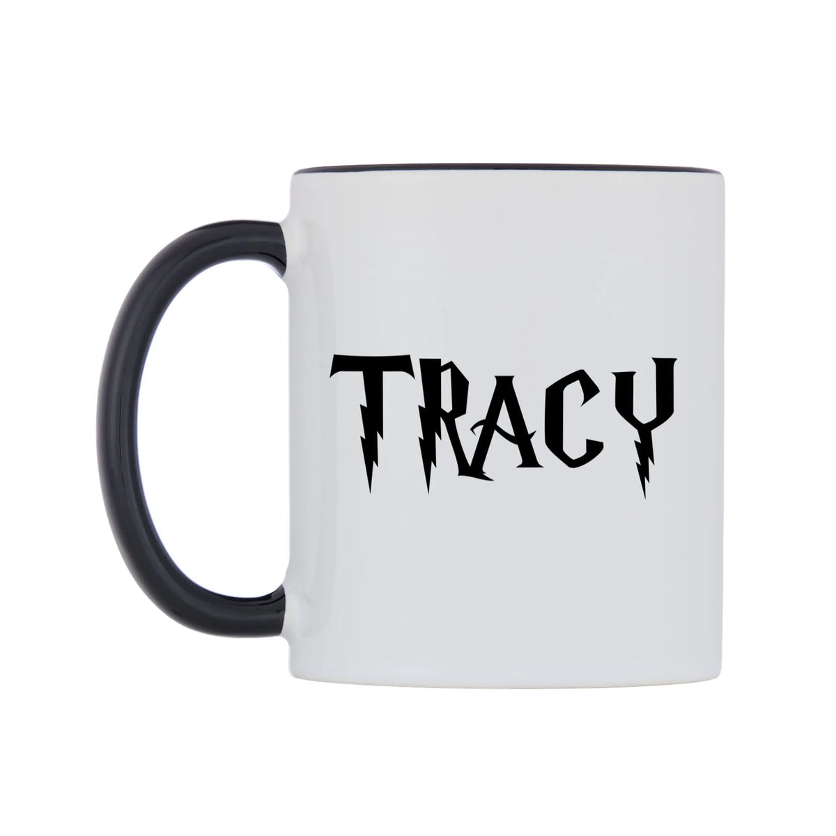 Tracy - Wizard Themed Mug — white 11oz gloss mug with a black inside and handle, right side, on a white background