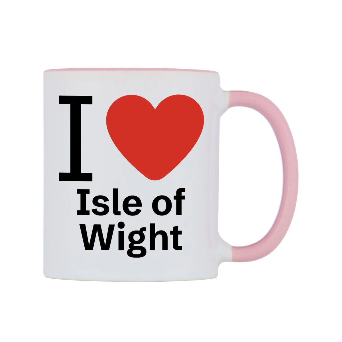 I Love Isle of Wight Mug — white 11oz gloss mug with a pink inside and handle, left side, on a white background
