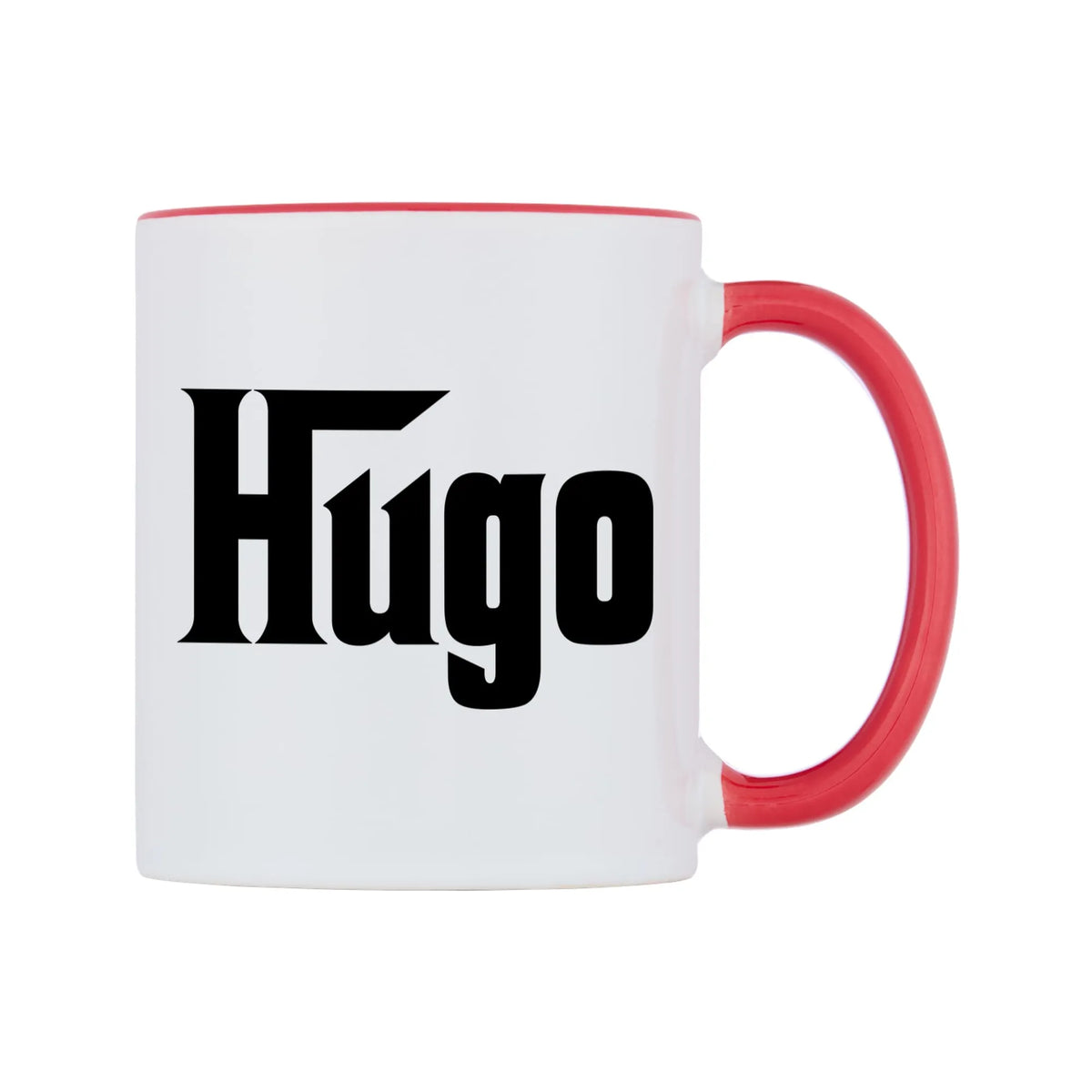 Hugo - Godfather Themed Mug — white 11oz gloss mug with a red inside and handle, left side, on a white background