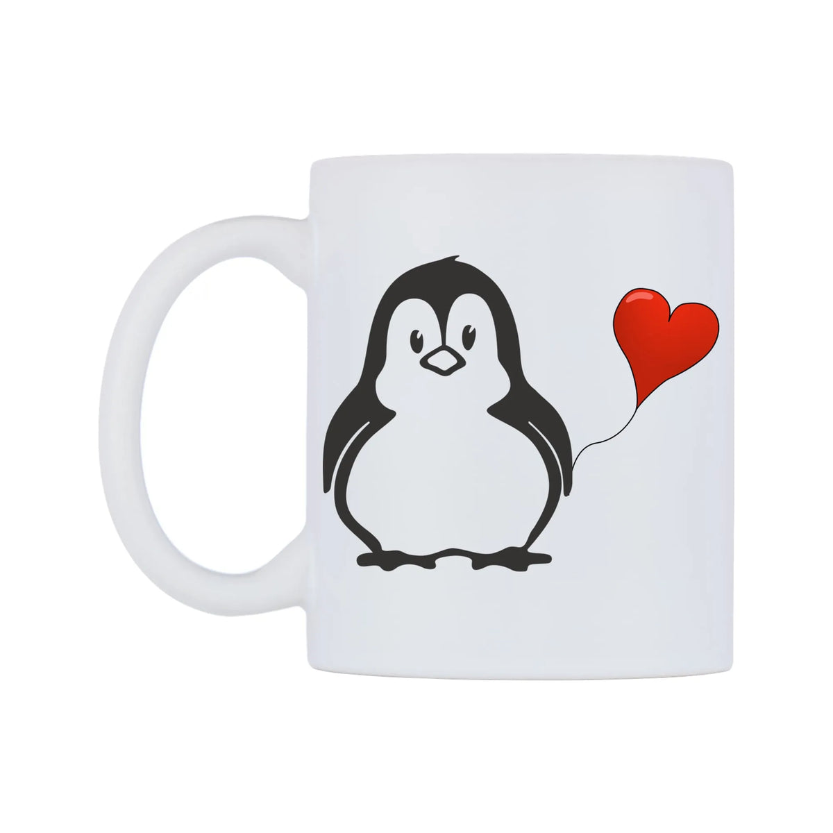 Love Heart Penguin Mug — white 11oz gloss mug, right side, on a white background